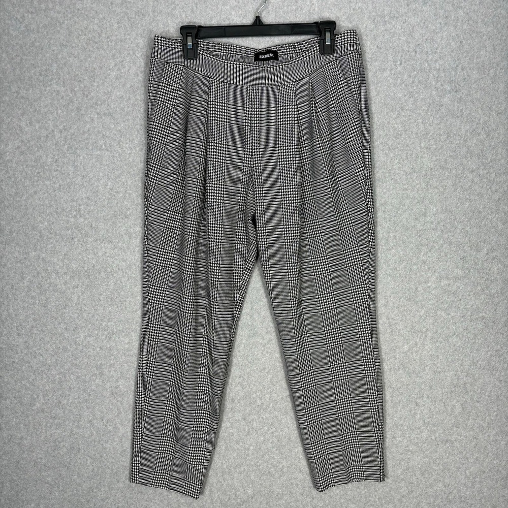 Express Pleated Houndstooth Pants Medium‎ Black White Trouser Ankle Pockets